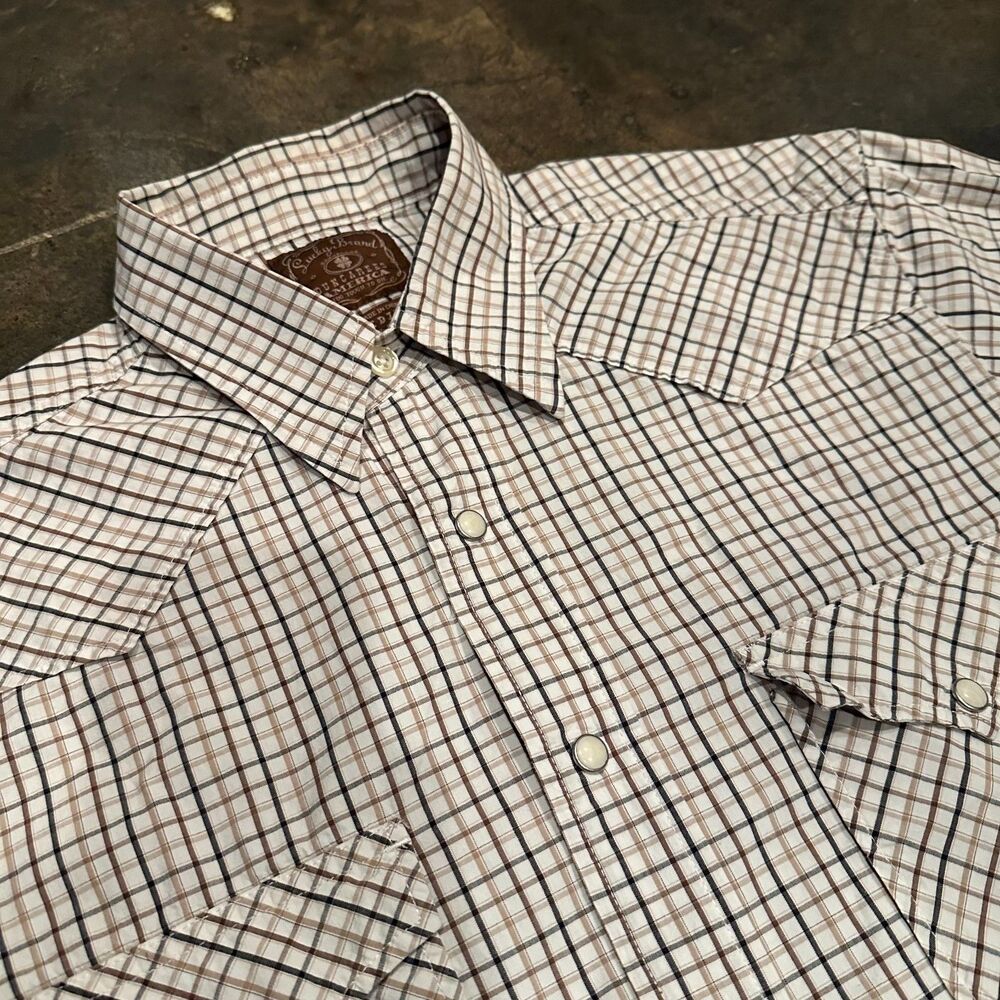 Lucky Brand Shirt Mens Medium Beige White Plaid Short Sleeve Western Pearl Snap